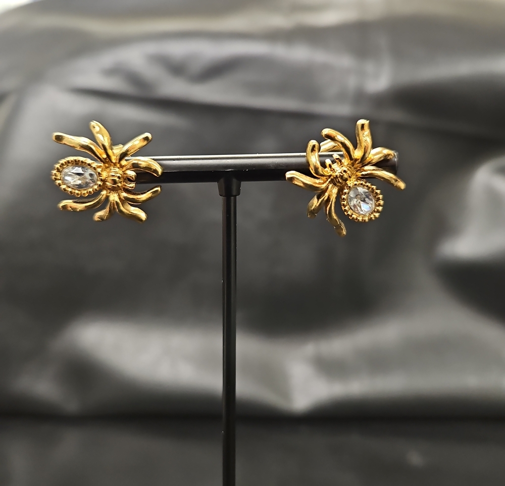 Avon Gold Spider Earrings with Clear Crystal Centers